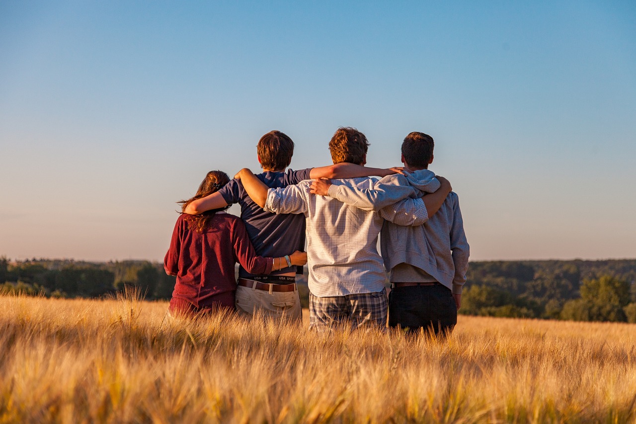 young people, group, friends, friendship, together, nature, summer, landscape, field, outdoors, youth, support, gang, teens, friendship day